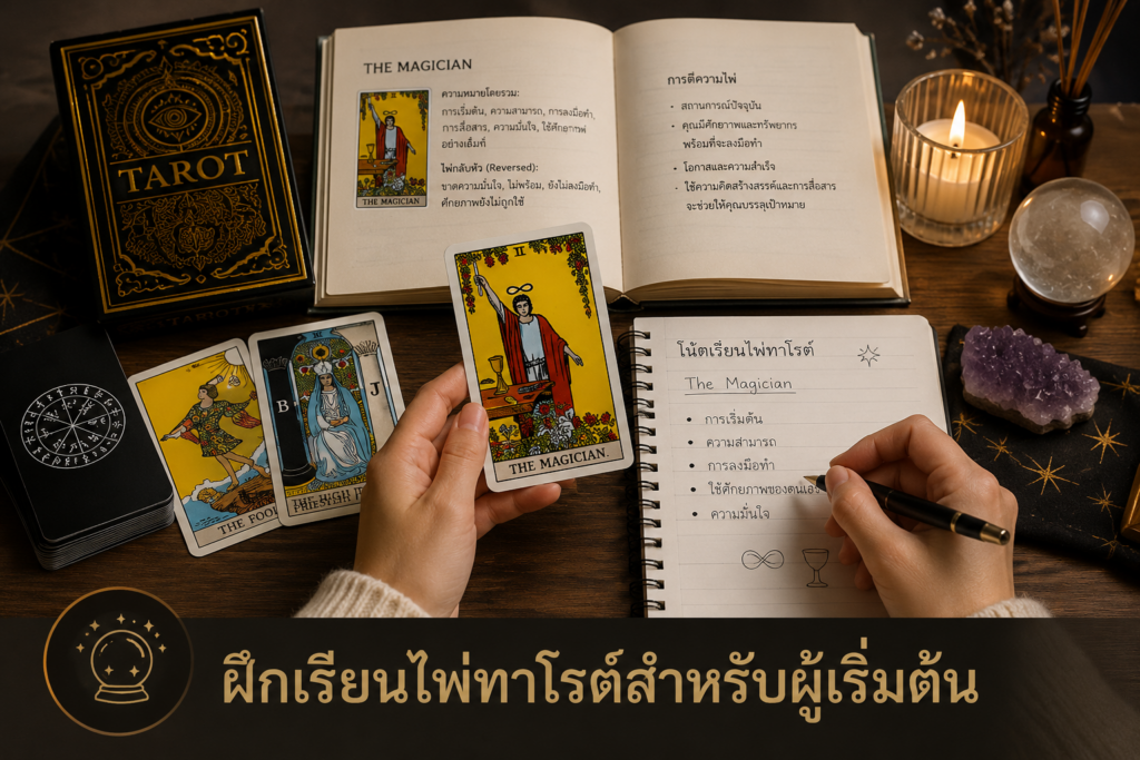 ผู้เริ่มต้นฝึกเรียนไพ่ทาโรต์คลาสสิก 78 ใบ Rider-Waite-Smith พร้อมคู่มือและไพ่สำหรับศึกษาความหมาย