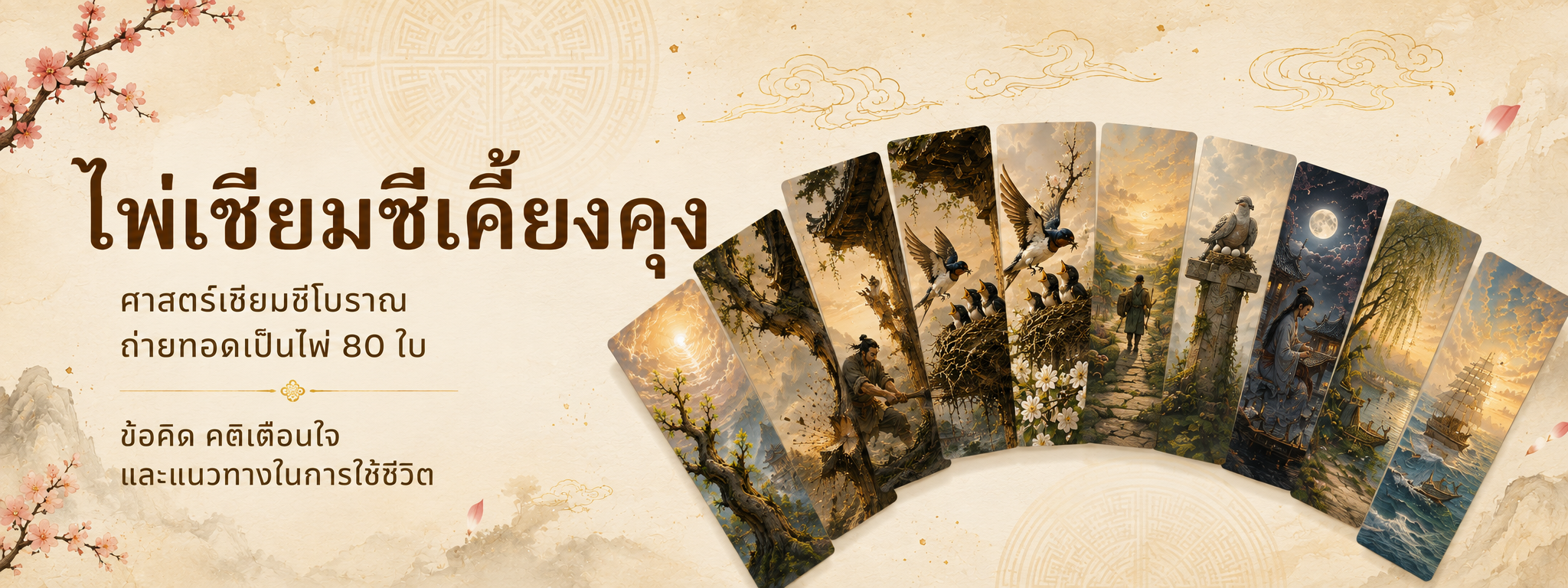 Header ไพ่เซียมซีเคี้ยงคุง ศาสตร์เซียมซีโบราณ ถ่ายทอดเป็นไพ่ 80 ใบ พร้อมตัวอย่างหน้าไพ่และข้อคิดในการใช้ชีวิต