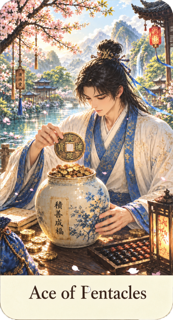ตัวอย่างไพ่ทาโรต์วิถีเต๋า Ace of Pentacles ภาพชายชุดจีนถือเหรียญทองเหนือโถเหรียญ ท่ามกลางสวนจีนและธรรมชาติอันอุดมสมบูรณ์