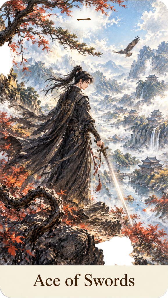 ตัวอย่างไพ่ทาโรต์วิถีเต๋า Ace of Swords ภาพชายชุดดำถือดาบยืนบนหน้าผา มองเมืองและภูเขาจีนท่ามกลางสายหมอก