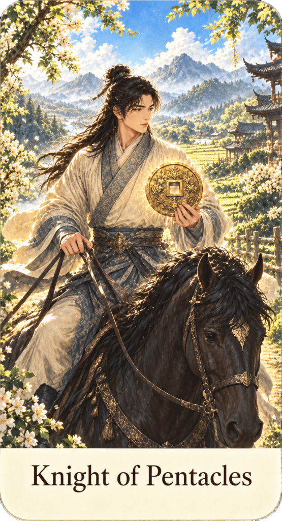 ตัวอย่างไพ่ทาโรต์วิถีเต๋า Knight of Pentacles ภาพชายจีนโบราณขี่ม้าดำถือเหรียญทอง ท่ามกลางภูเขา ทุ่งนา และสถาปัตยกรรมจีน