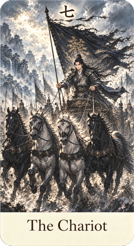 ตัวอย่างไพ่ทาโรต์วิถีเต๋า The Chariot ภาพนักรบจีนบนรถศึกม้าสี่ตัว พร้อมธงดำและกองทัพท่ามกลางภูเขา