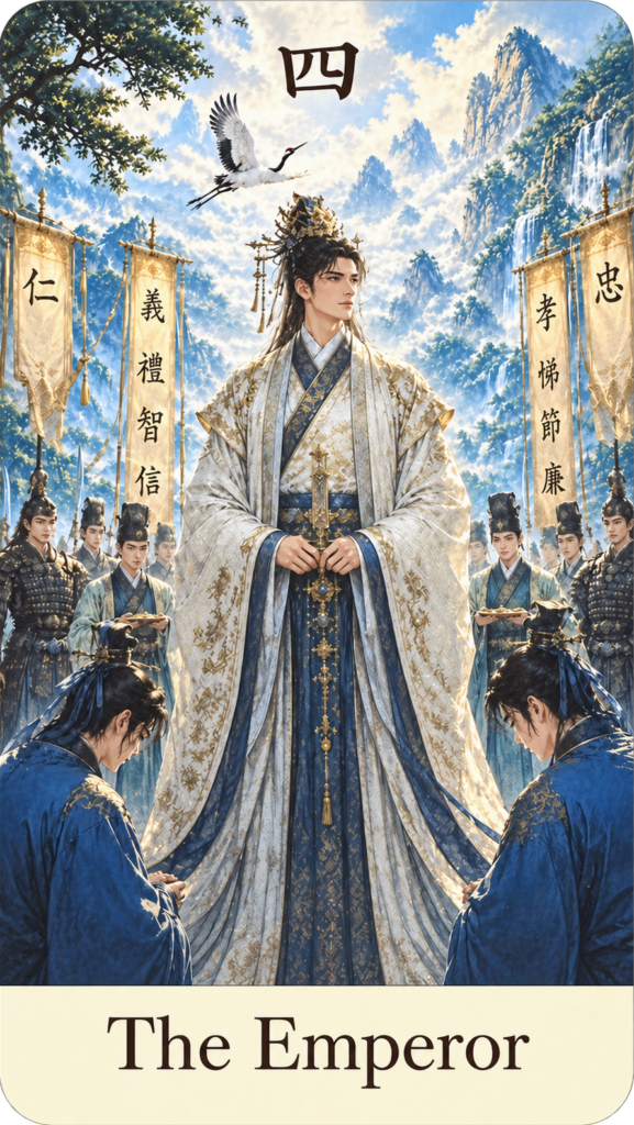 ตัวอย่างไพ่ทาโรต์วิถีเต๋า The Emperor อีกแบบ ภาพบุรุษในชุดจีนโบราณยืนสง่างาม รายล้อมด้วยบริวารและธงอักษรคุณธรรม