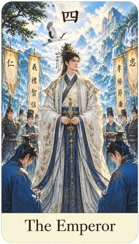 ตัวอย่างไพ่ทาโรต์วิถีเต๋า The Emperor ภาพบุรุษในชุดจีนสูงศักดิ์ยืนท่ามกลางขุนนาง ทหาร ธงคุณธรรม และภูเขา