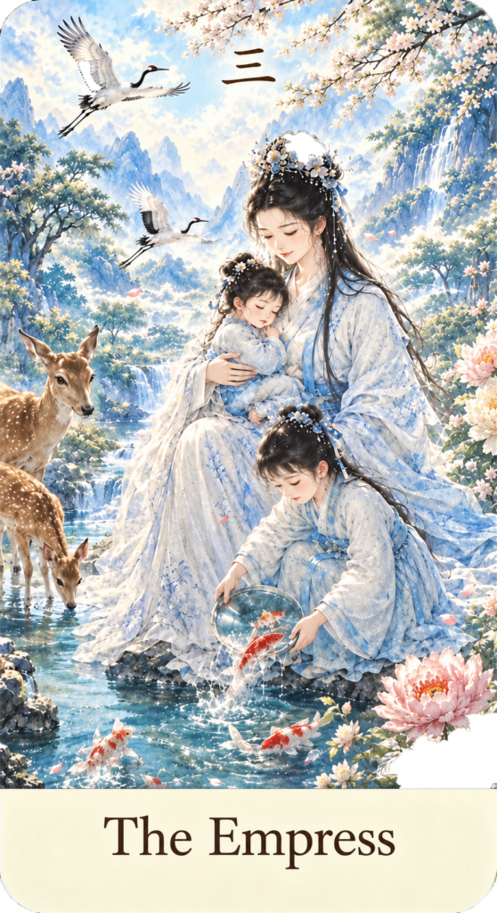 ตัวอย่างไพ่ทาโรต์วิถีเต๋า The Empress ภาพหญิงในชุดจีนโบราณดูแลเด็กสองคน ท่ามกลางธรรมชาติ กวาง ปลาคาร์ป และดอกไม้