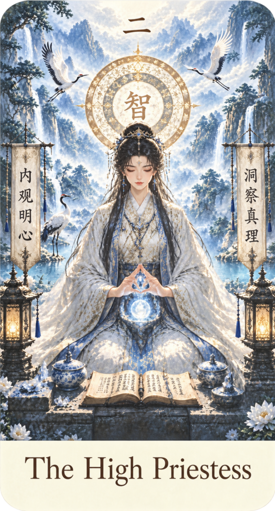 ตัวอย่างไพ่ทาโรต์วิถีเต๋า The High Priestess ภาพหญิงผู้ทรงญาณนั่งสมาธิท่ามกลางภูเขา น้ำตก นกกระเรียน และสัญลักษณ์แห่งปัญญา