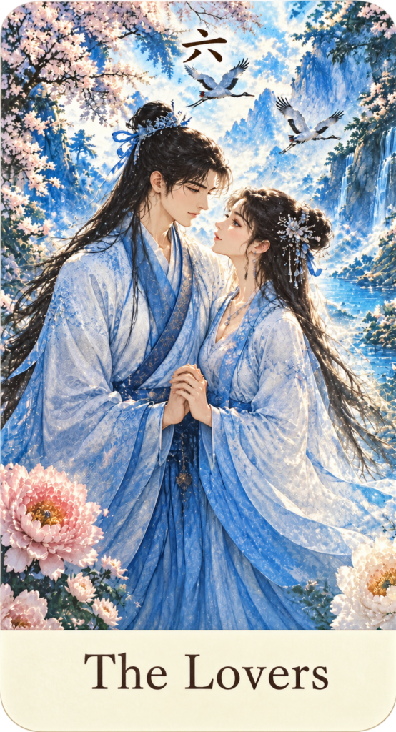 ตัวอย่างไพ่ทาโรต์วิถีเต๋า The Lovers ภาพชายหญิงในชุดจีนโบราณจับมือมองตากัน ท่ามกลางดอกไม้ ภูเขา และน้ำตก