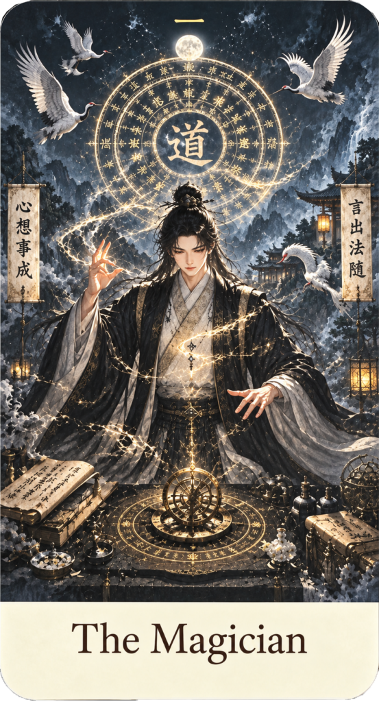 ตัวอย่างไพ่ทาโรต์วิถีเต๋า The Magician ภาพชายชุดดำใช้พลังท่ามกลางวงล้อสัญลักษณ์เต๋า คัมภีร์ นกกระเรียน และโคมไฟ