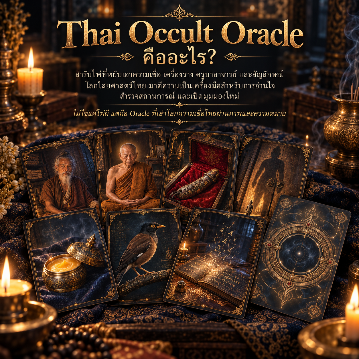 Thai Occult Oracle ไพ่โลกไสยศาสตร์ไทย รวมภาพไพ่จากความเชื่อ เครื่องราง ครูบาอาจารย์ และสัญลักษณ์ไสยศาสตร์ไทย